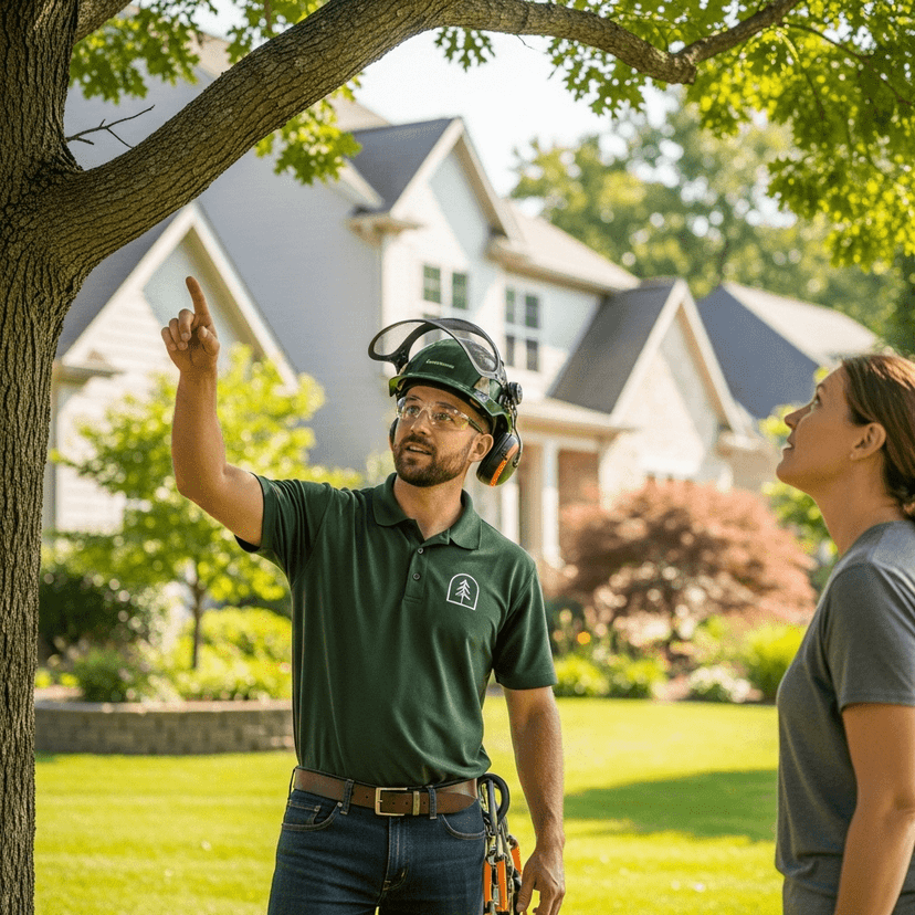 Professional arborist in green polo shirt and safety gear pointing upward while consulting with female homeowner in residential yard with large tree and house in background"